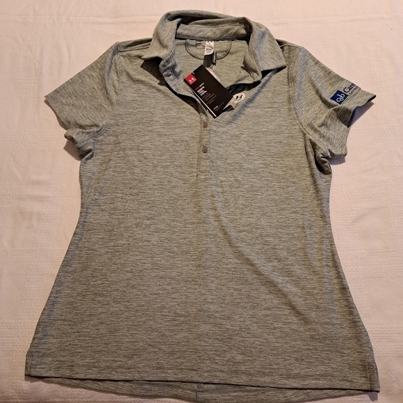 Under Armour women's medium, gray fitted top, has advertising on sleeve - Picture 1 of 6